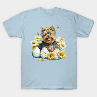 Cute Yorkshire Terrier Happy Easter Eggs Sunflowers T-Shirt